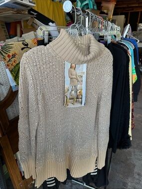Boston Proper Beige Sequin Cowlneck Sweater